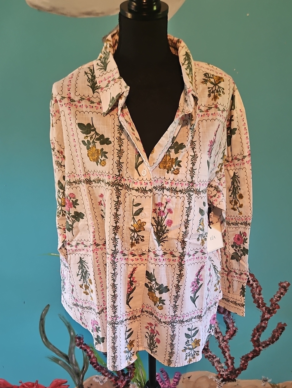 Floral Patchwork V-Neck Women's Top - Cream with Green & Pink Accents